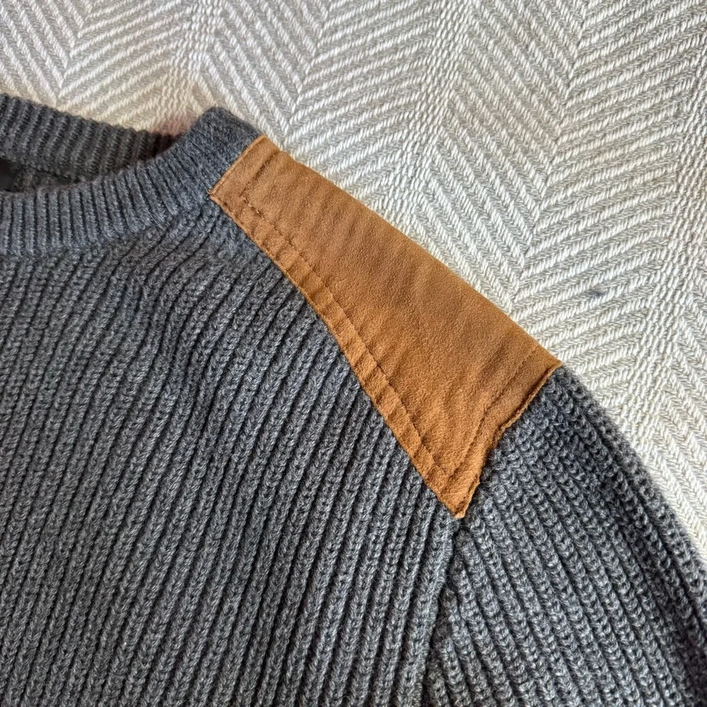 Men's J Crew Cotton Crewneck Sweater Genuine Leather‎ Patches Gray Size L